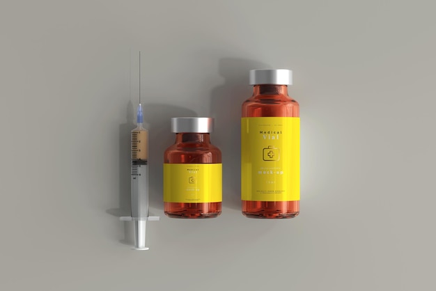 Mockup di fiala di vetro ambrato con siringa