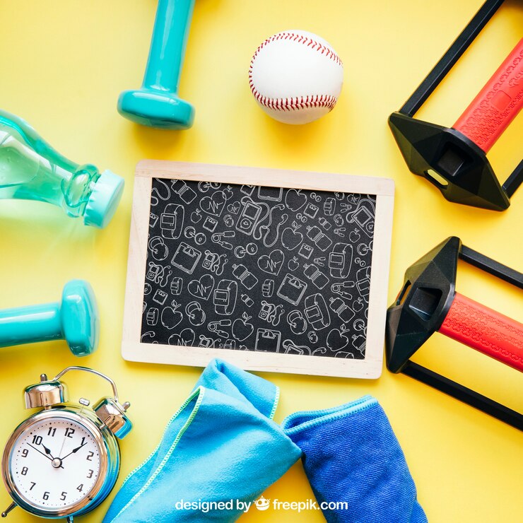PSD mockup di fitness con elementi di ardesia e fitness