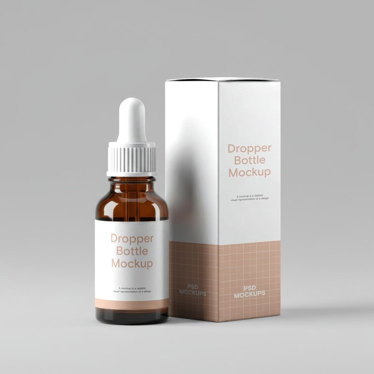 Mockup di flacone contagocce con confezione in scatola