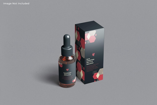 Mockup di flacone contagocce in vetro trasparente con scatola