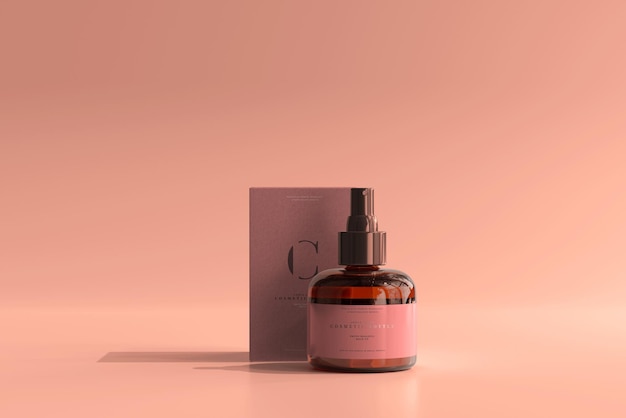 Mockup di flacone spray cosmetico in vetro ambrato e scatola