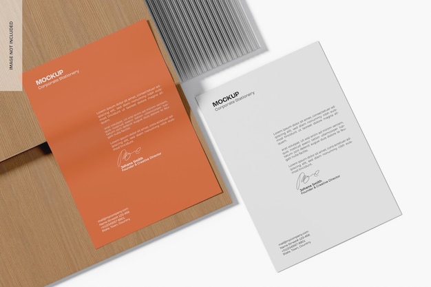 Mockup di fogli di carta aziendale, vista dall'alto