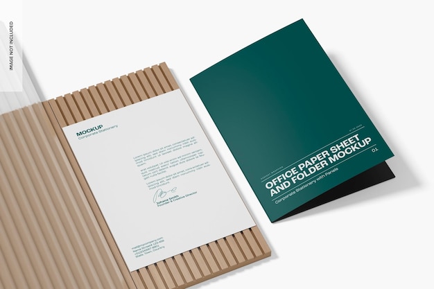 Mockup di fogli e cartelle di carta per ufficio, prospettiva