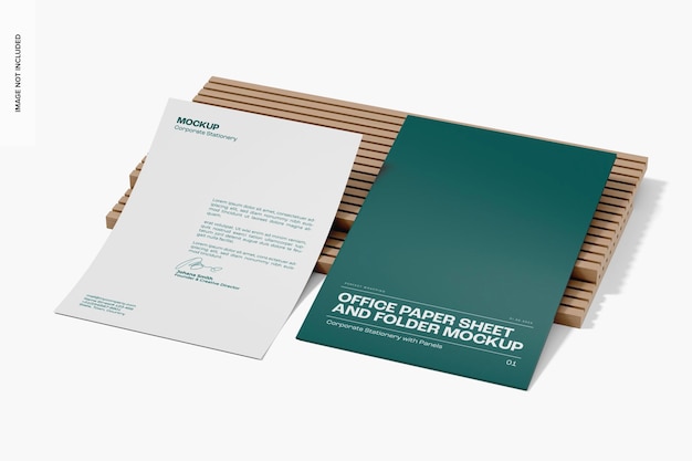 Mockup di fogli e cartelle di carta per ufficio, vista da destra