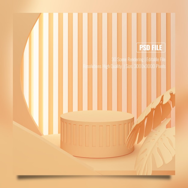 Mockup di foglie tropicali minimaliste con rendering 3d del podio per visualizzare il prodotto con luce intensa