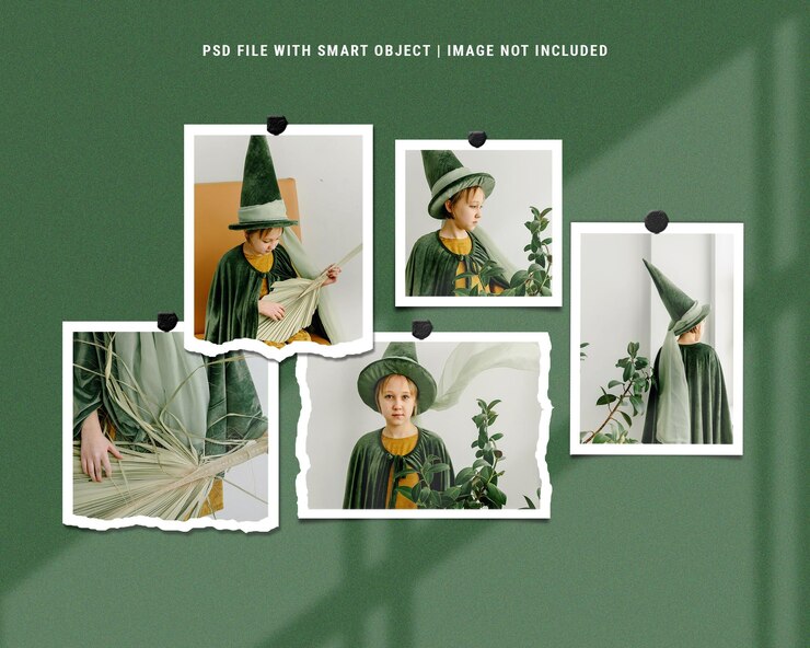 Mockup di foto di moodboard polaroid verde di lusso realistico Psd Premium