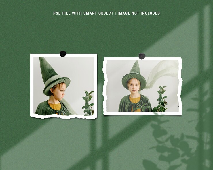 Mockup di foto di moodboard polaroid verde di lusso realistico Psd Premium