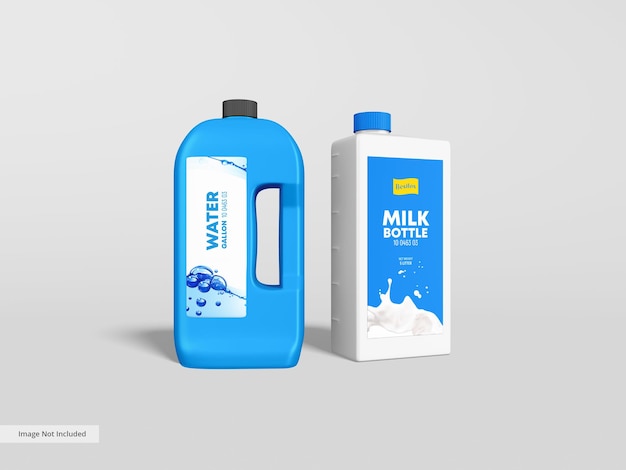 Mockup di imballaggio per bottiglia di latte in plastica e galloni d'acqua