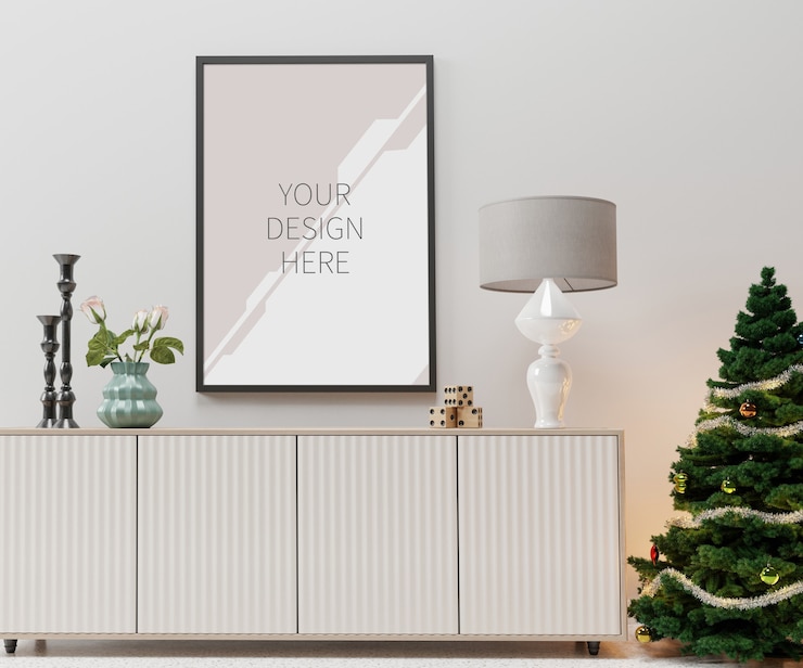 PSD mockup di interni e cornice di natale in soggiorno