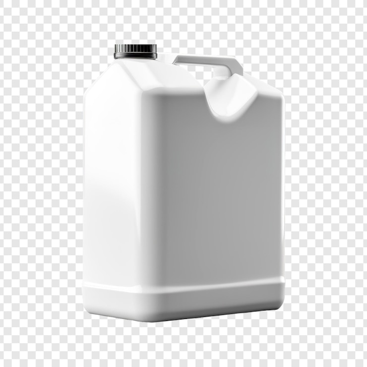 PSD mockup di jerrycan in plastica metallizzata lucida su sfondo trasparente