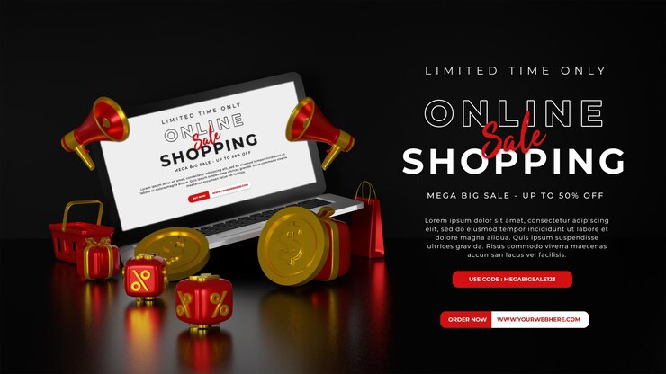 Mockup di laptop con rendering 3d con megafono, sconto, confezione regalo per la promozione dello shopping online