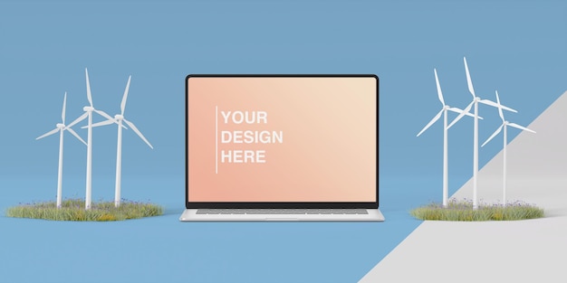 Mockup di laptop vicino a mulini a vento ed erba