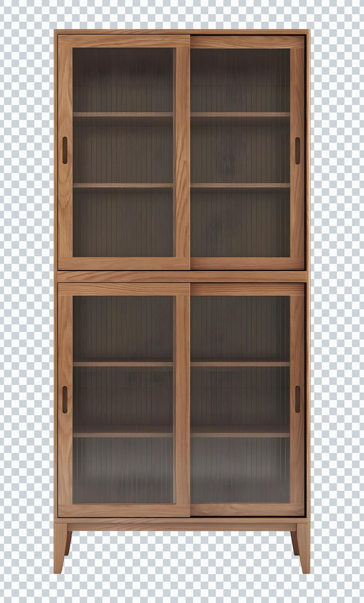 PSD mockup di libreria vuota in legno di vetro isolato. trasparente.