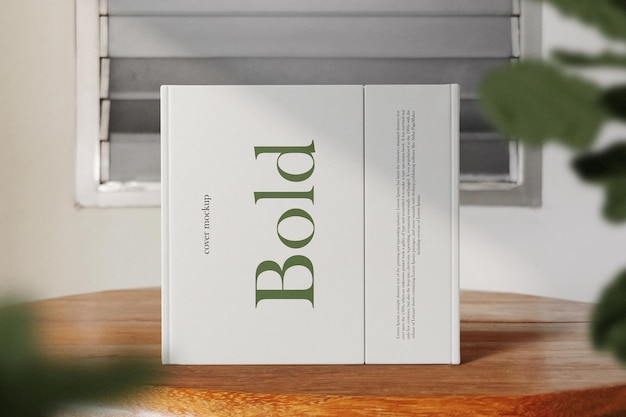 Mockup di libro quadrato con copertina minima pulita in piedi su un tavolo di legno con file PSD di sfondo vegetale
