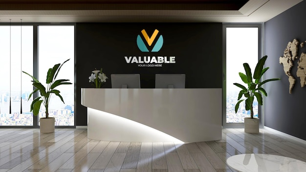 Mockup di logo aziendale 3d nella sala della reception della reception dell'ufficio