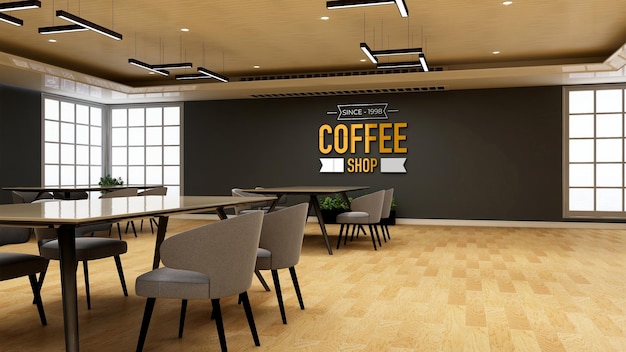 Mockup di logo da parete 3d nella caffetteria o ristorante con tavolo e sedia