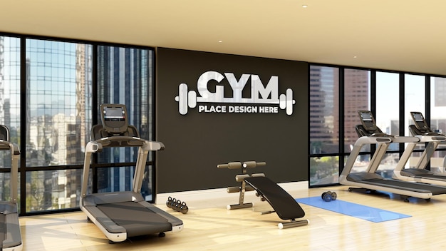 Mockup di logo palestra a parete nella moderna sala fitness