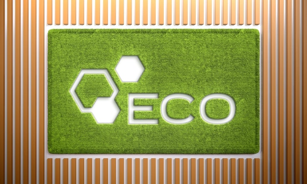 Mockup di logo su flora di erba verde con parete di legno a strisce