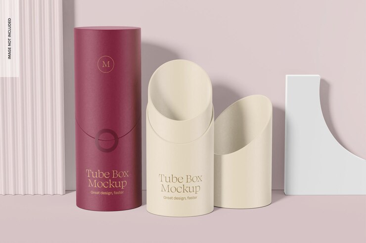 Mockup di lunghe scatole di carta a tubo aperte e chiuse