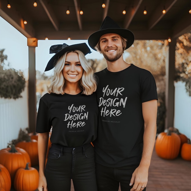 Mockup di maglietta nera Autumn Magic Halloween in ambiente stagionale con una coppia moderna