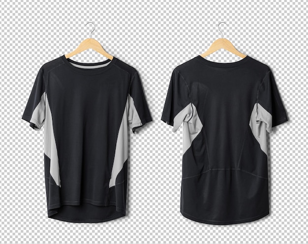 Mockup di maglietta sportiva nera appeso modello Psd con vista anteriore e posteriore