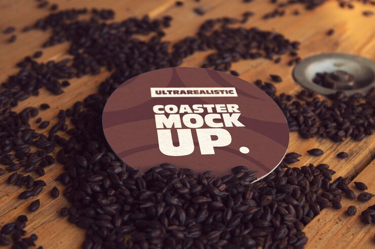 PSD mockup di malto nero sottobicchiere rotondo