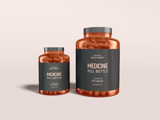 Mockup di marchio del barattolo di medicina in vetro ambrato lucido
