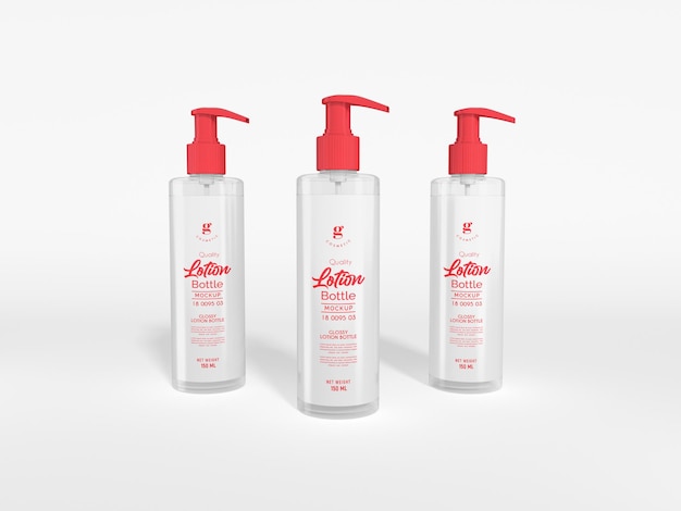 Mockup di marchio della bottiglia della pompa per lozione per il corpo in plastica lucida trasparente