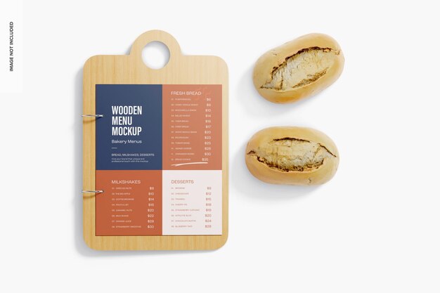 Mockup di menu in legno, vista dall'alto