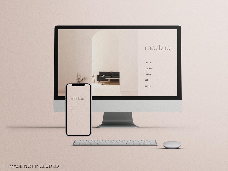 Mockup di monitor di computer pc reattivo con concetto di presentazione web dello schermo del dispositivo smartphone