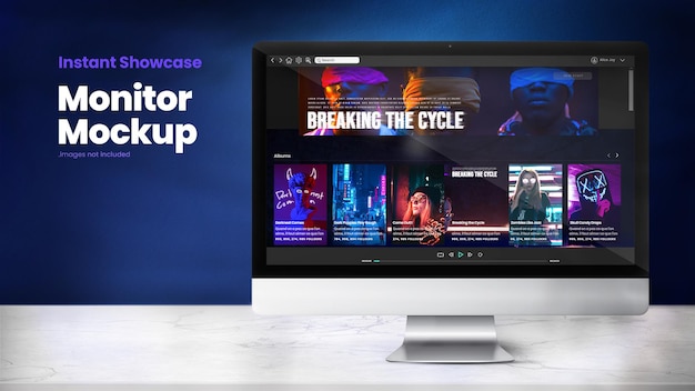 Mockup di monitor di computer realistico su sfondo blu scuro