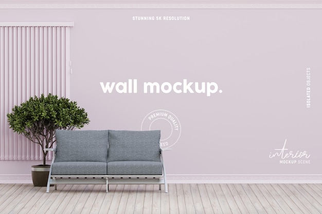 Mockup di parete interna decorato con divano e pianta da interno in soggiorno