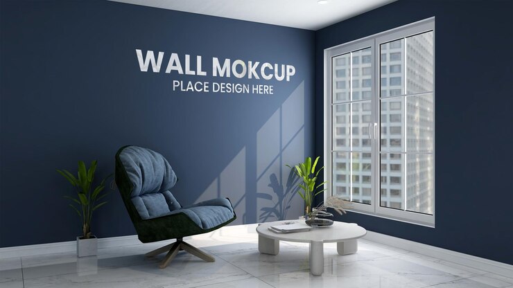 Mockup di parete nel soggiorno minimalista blu