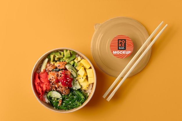 Mockup di poke bowl fresco vista dall'alto