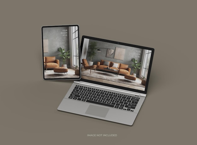 Mockup di portatile e tablet per la tua presentazione di design 3D Render