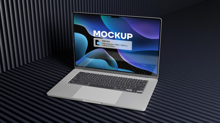 Mockup di portatile PSD realistico su uno sfondo scuro