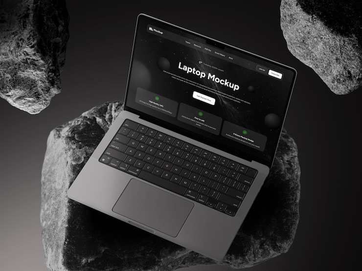 PSD mockup di portatile su pietra galleggiante