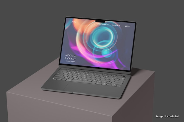 Mockup di portatile su un cubo grigio