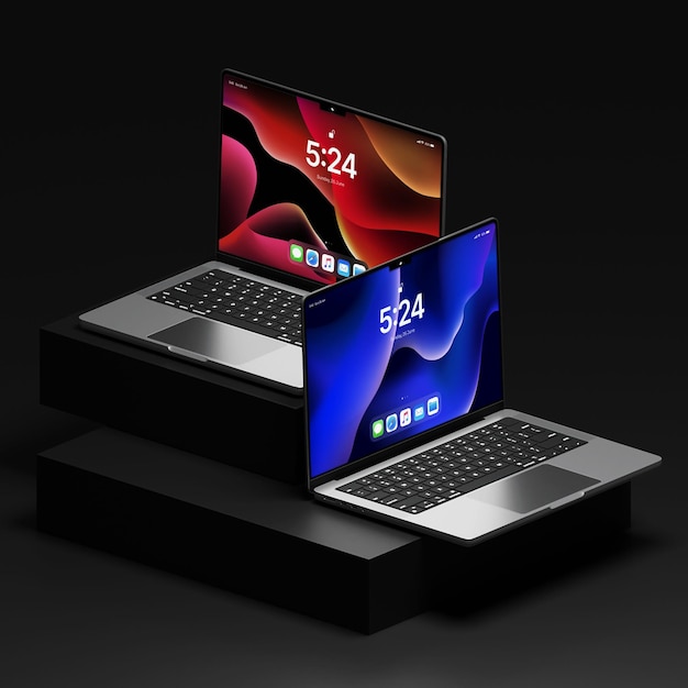 Mockup di portatile su una pila di scatole oscure