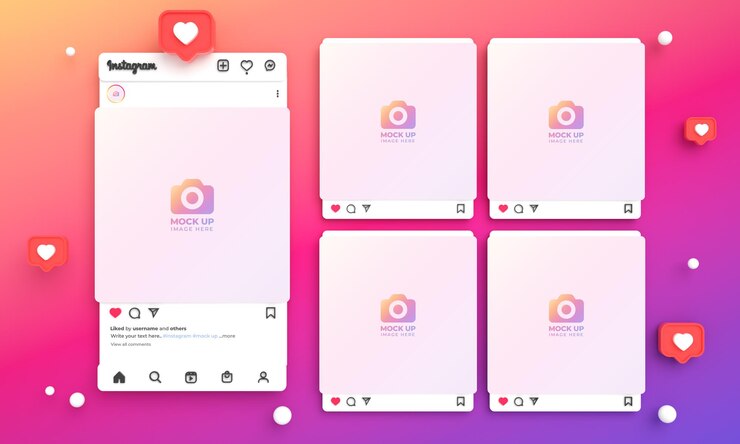 Mockup di post instagram 3d per social media con interfaccia colorata leggera e feed instagram multipli