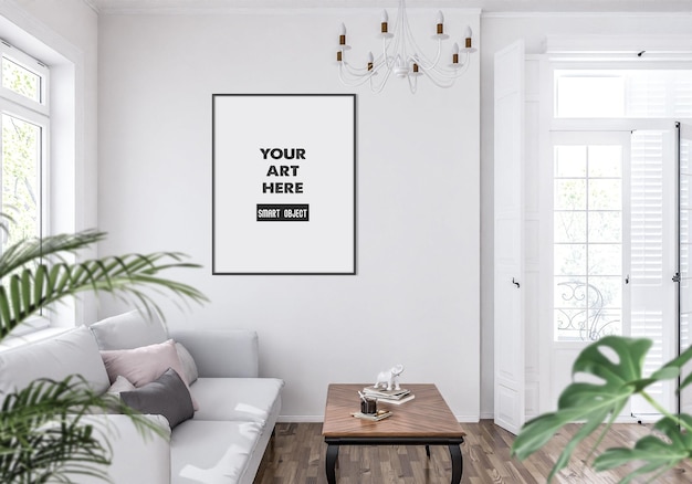 Mockup di poster cornice nera, soggiorno