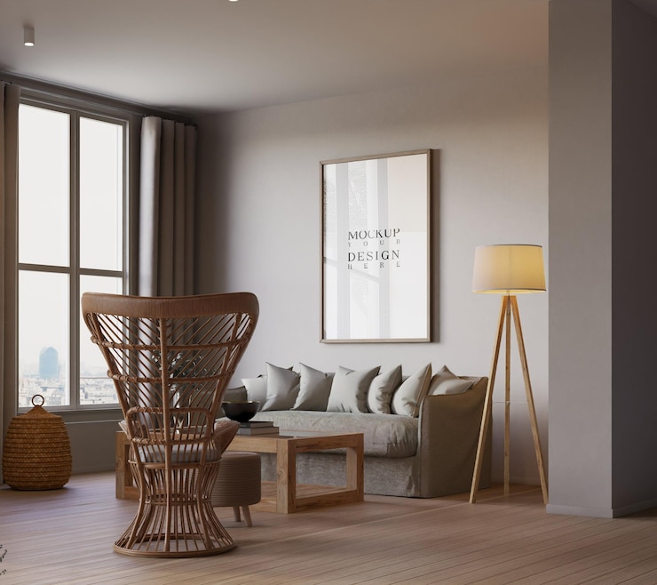 PSD mockup di poster in bellissimo moderno salotto scandinavo sfondo rendering 3d