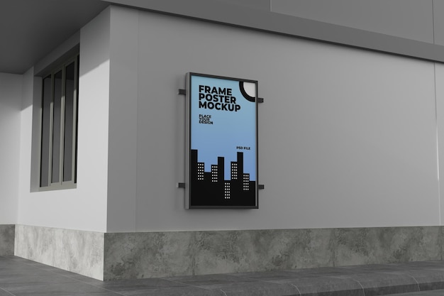 Mockup di poster incorniciato su una parete esterna di un edificio