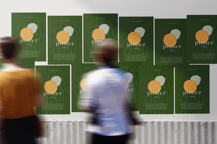 Mockup di poster minimo pulito sul muro con persone che camminano sfocatura in primo piano
