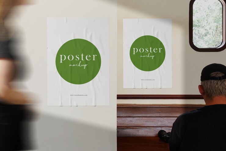 Mockup di poster minimo pulito sullo sfondo del caffè con persone che passano a piedi e persone sedute