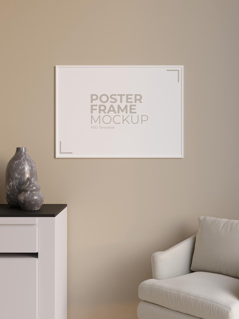 Mockup di poster o cornice bianca orizzontale semplice e minimalista sul muro nel rendering 3d del soggiorno
