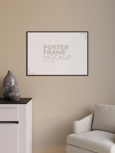 Mockup di poster o cornice nera orizzontale semplice e minimalista sul muro nel rendering 3d del soggiorno