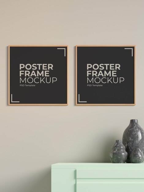 Mockup di poster o cornice per foto in legno quadrato moderno e minimalista gemello sul muro del soggiorno