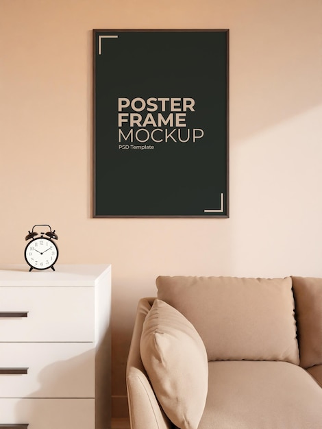 Mockup di poster o cornice per foto nero verticale moderno e minimalista sul muro del soggiorno