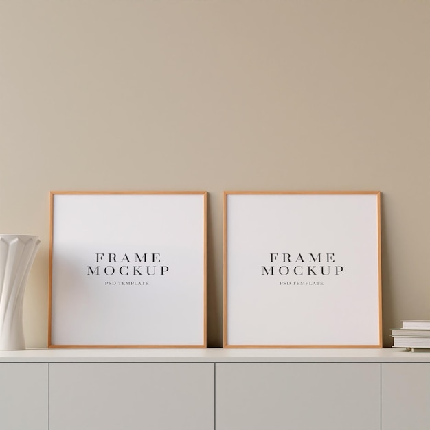 Mockup di poster o cornice per foto quadrato moderno e minimalista sul tavolo del soggiorno